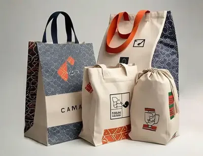 Hochwertige Baumwolltaschen mit vollflächigem Bilderdruck, verfügbar in verschiedenen Grammaturen (140 g, 180 g, 200 g) und Stofffarben (natur oder weiß)