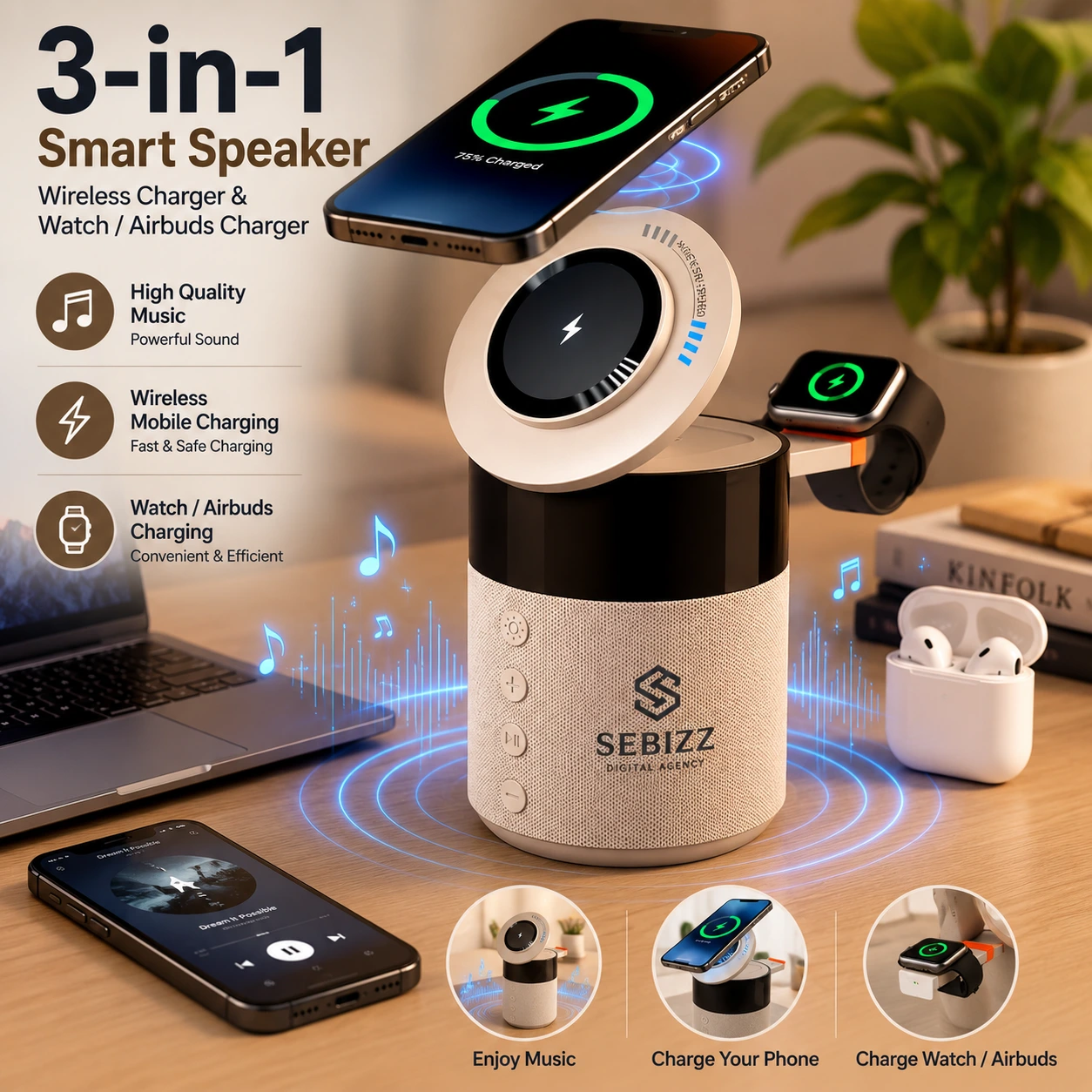 MagWire® 3in1 Music – Exklusives 3-in-1 Wireless-Ladegerät mit MagSafe, Bluetooth-Lautsprecher & Ambientebeleuchtung