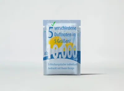 Erfrischungstücher einzeln verpackt individuell ab 10.000 Stück bedruckt