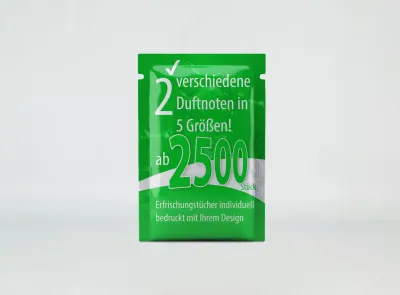 Erfrischungstücher Kleinmengen einzeln verpackt individuell ab 2500 Stück bedruckt