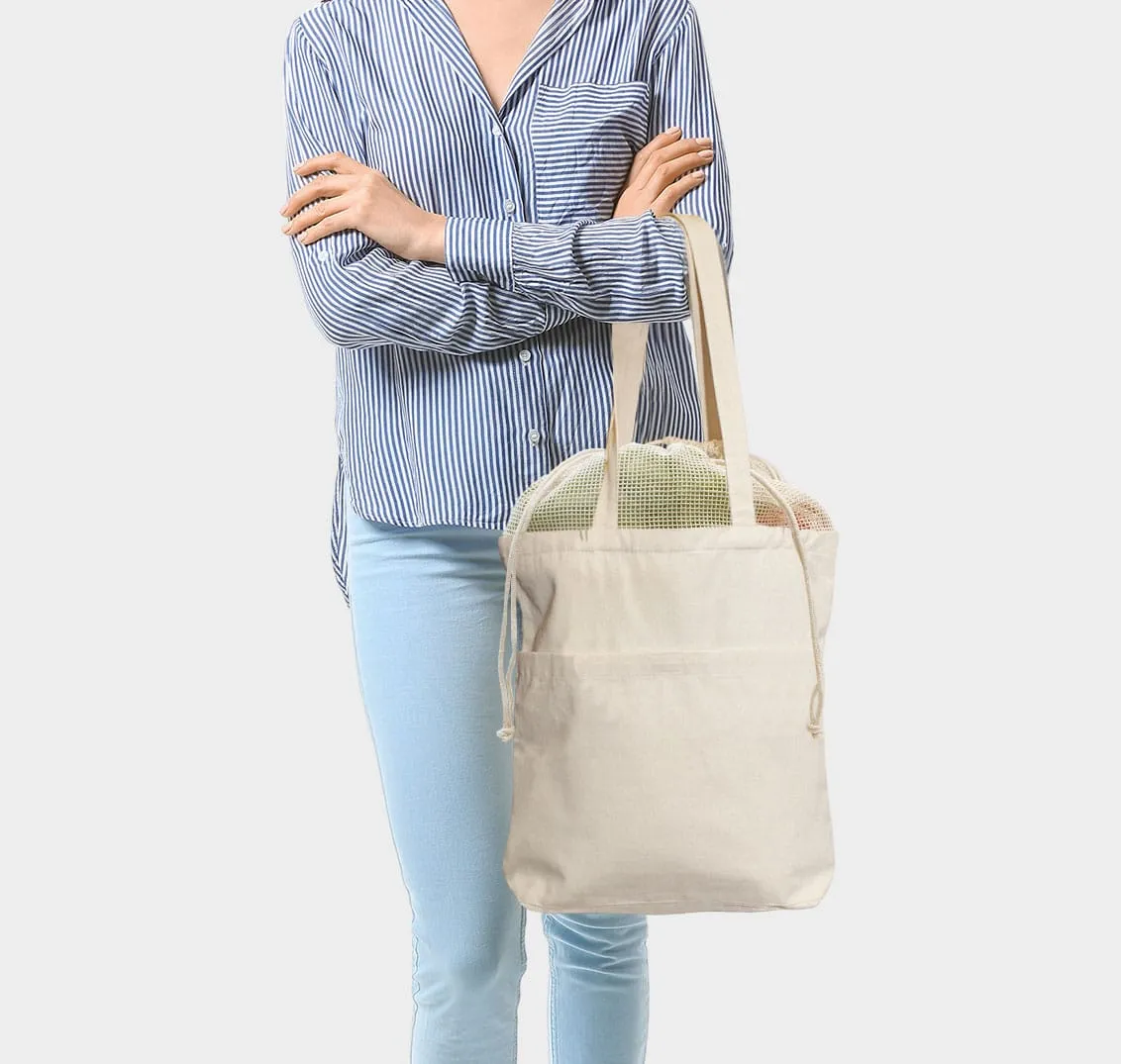 BRISBANE – Canvas-Tasche mit Netz-Einsatz, Kordelzug und langen Henkeln (38 x 42 cm)