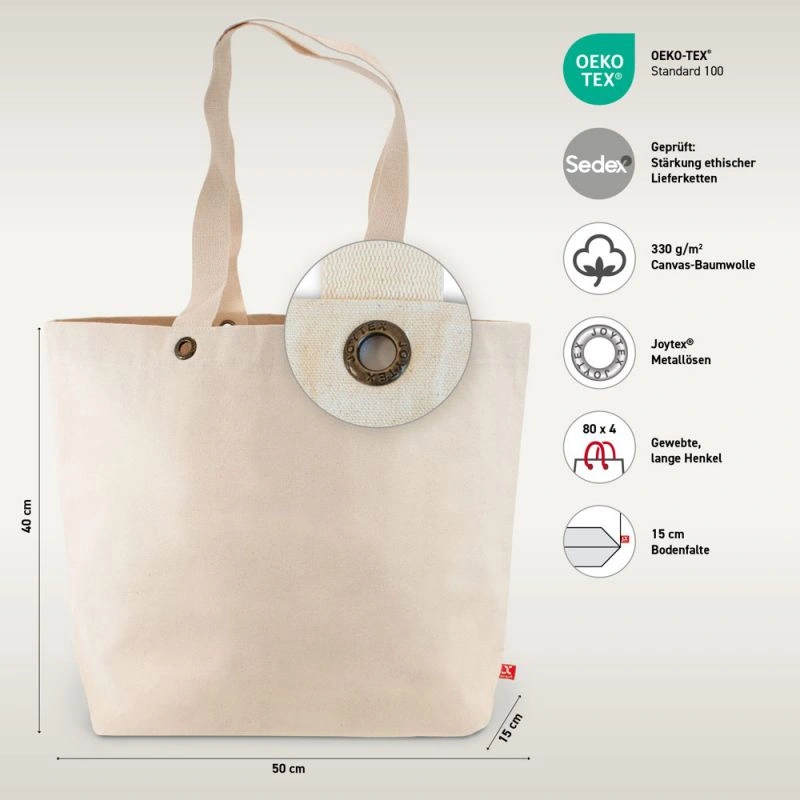LAGOS – Canvas-Tasche mit Bodenfalte, langen Henkeln und Metallösen (50 x 40 cm)