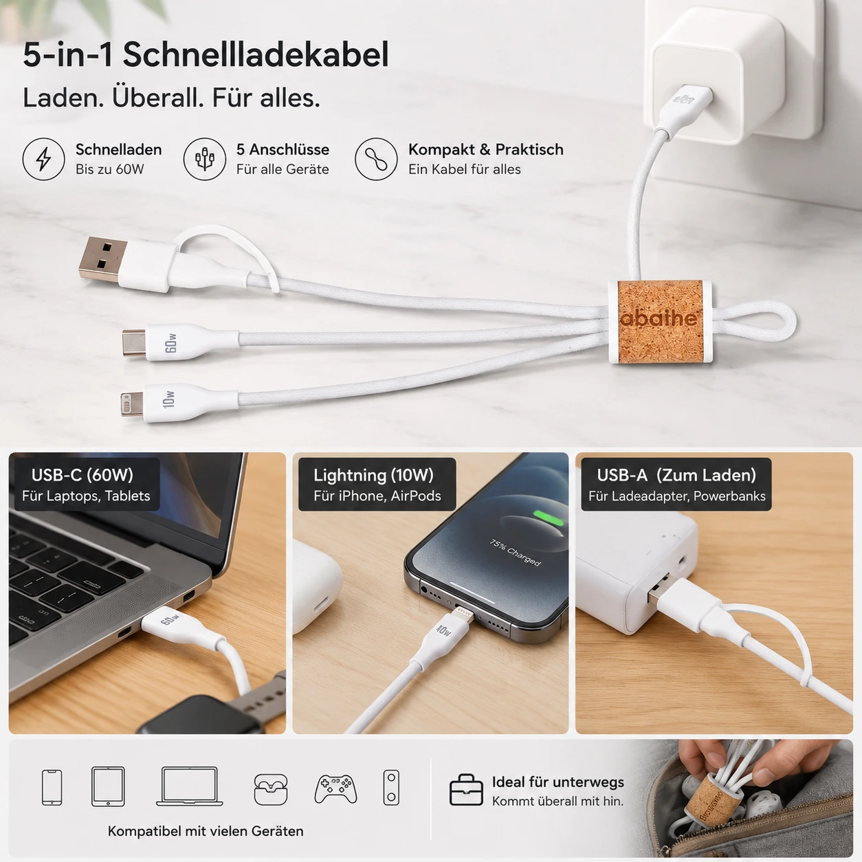 MagCable® 4in1 Cork Long – 60W Schnelllade- und Datenkabel aus Kork