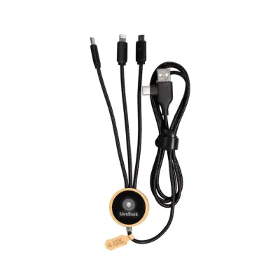 MagCable® 5in1 LED Bamboo Long – Nachhaltiges rPET Multi-Ladekabel mit Bambus und LED-Logo