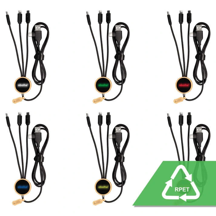 MagCable® 5in1 LED Bamboo Long – Nachhaltiges rPET Multi-Ladekabel mit Bambus und LED-Logo