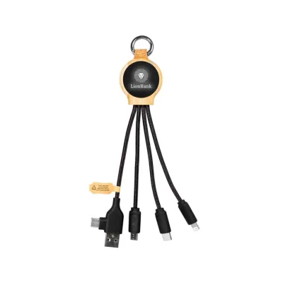 MagCable® 5in1 LED Bamboo Short – Nachhaltiges rPET Multi-Ladekabel mit Bambus und LED-Logo