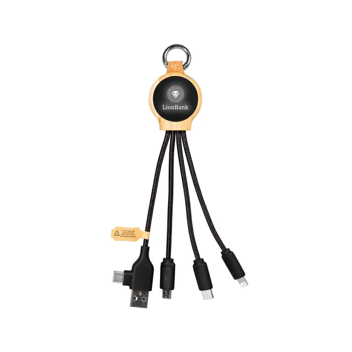 MagCable® 5in1 LED Bamboo Short – Nachhaltiges rPET Multi-Ladekabel mit Bambus und LED-Logo