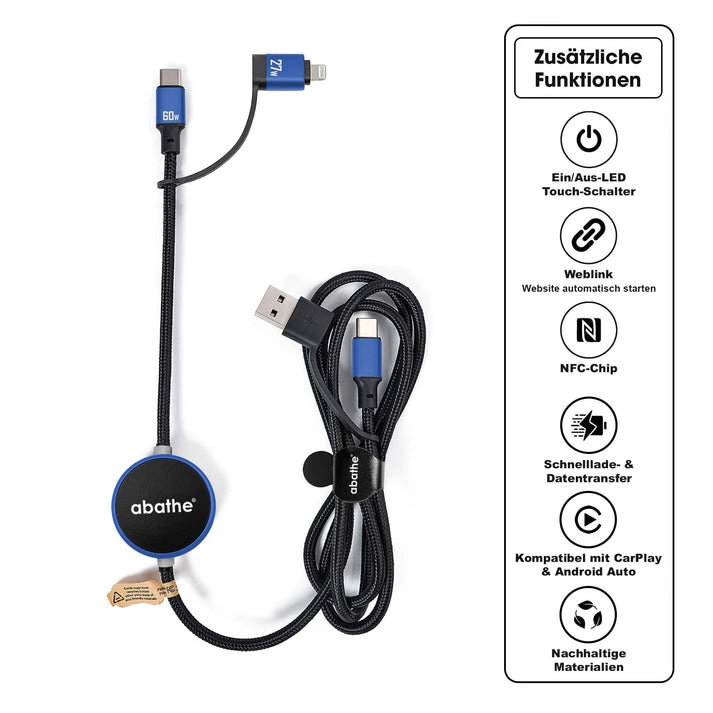 MagCable® 5in1 LED Long NFC – Schnelllade- und Datentransferkabel mit LED-Logo und NFC