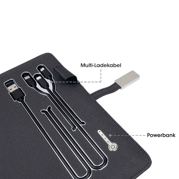 MagNote® LED Style – A5 Business-Notizbuch aus PU-Leder mit 8.000 mAh Powerbank, LED-Logo & optionalem Wireless Charger