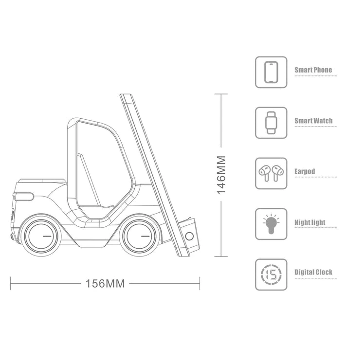 MagWire® 3in1 Fork – Wireless-Ladegerät im Gabelstapler-Design mit Uhr, Nachtlicht & MagSafe