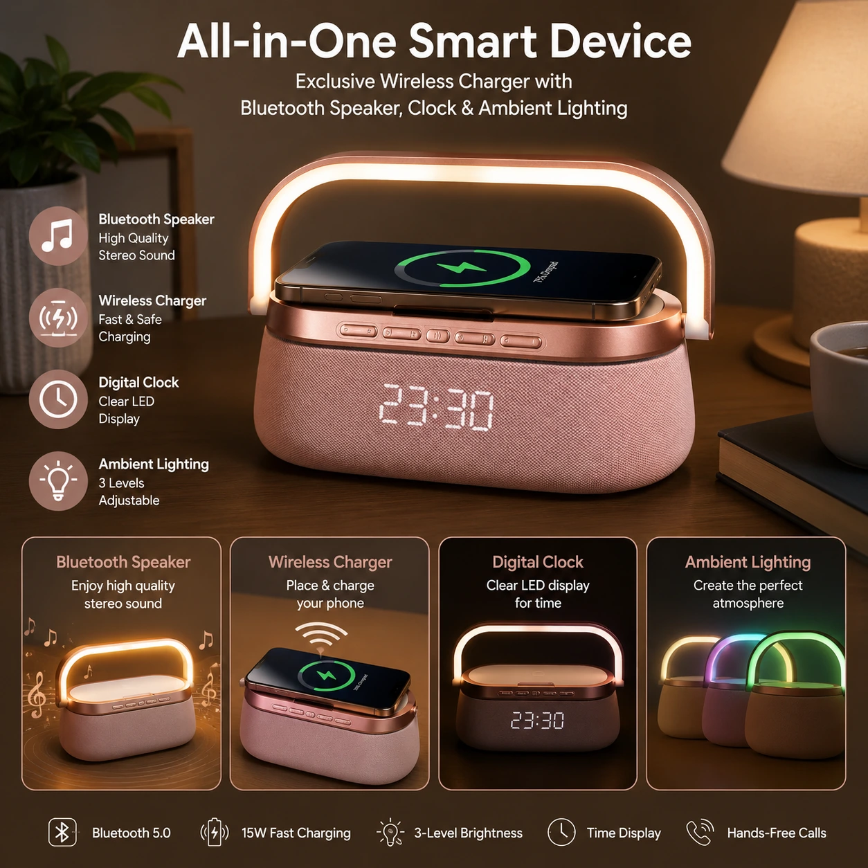 MagWire® Clock – Exklusives Wireless-Ladegerät mit Bluetooth-Lautsprecher, Digitaluhr & Ambientebeleuchtung