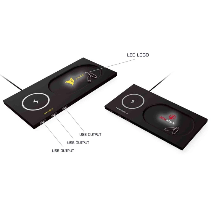MagWire® LED-USB – Wireless Charger mit LED-Logo, 3 USB-Anschlüssen und Schreibtisch-Organizer