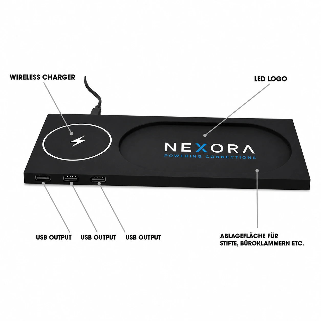 MagWire® LED-USB – Wireless Charger mit LED-Logo, 3 USB-Anschlüssen und Schreibtisch-Organizer