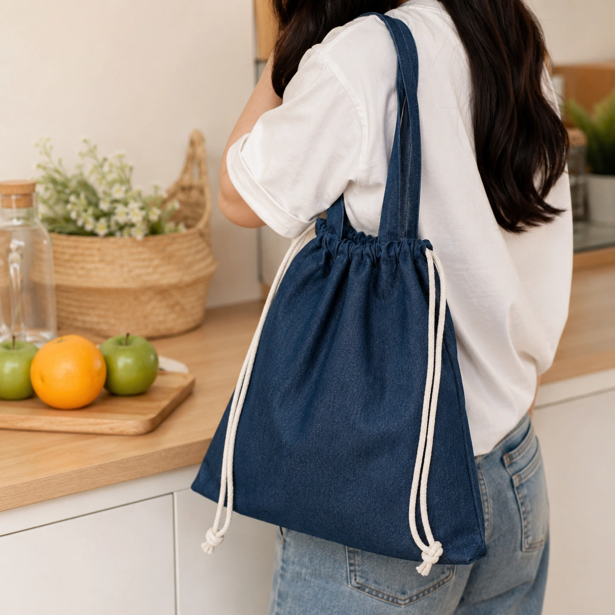 Recycelte Denim-Kordeltasche Dex