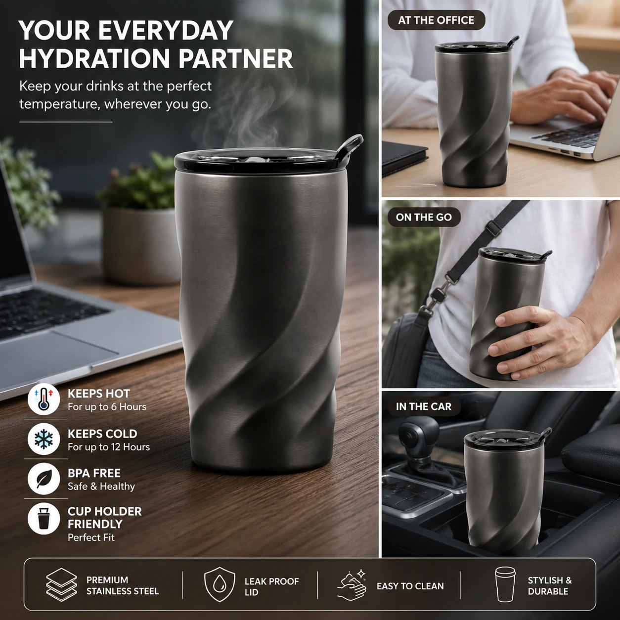 BrandCharger® Vortex Calix – Recycelter 400 ml Thermobecher aus Edelstahl