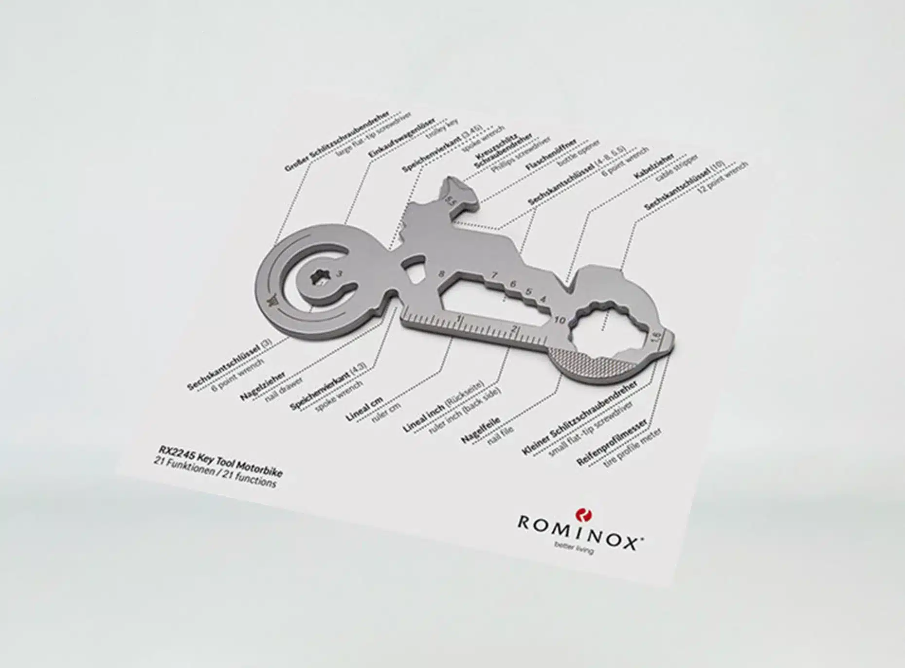 ROMINOX Schlüsselanhänger aus Metall, Motorbike Multifunktionstool mit Ihrem Logo