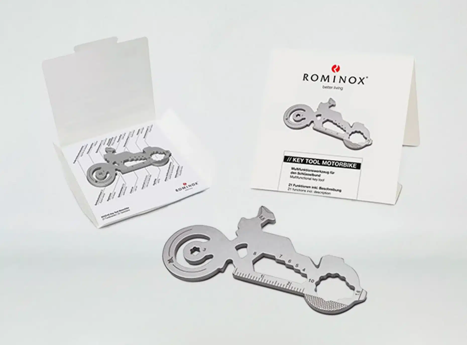 ROMINOX Schlüsselanhänger aus Metall, Motorbike Multifunktionstool mit Ihrem Logo
