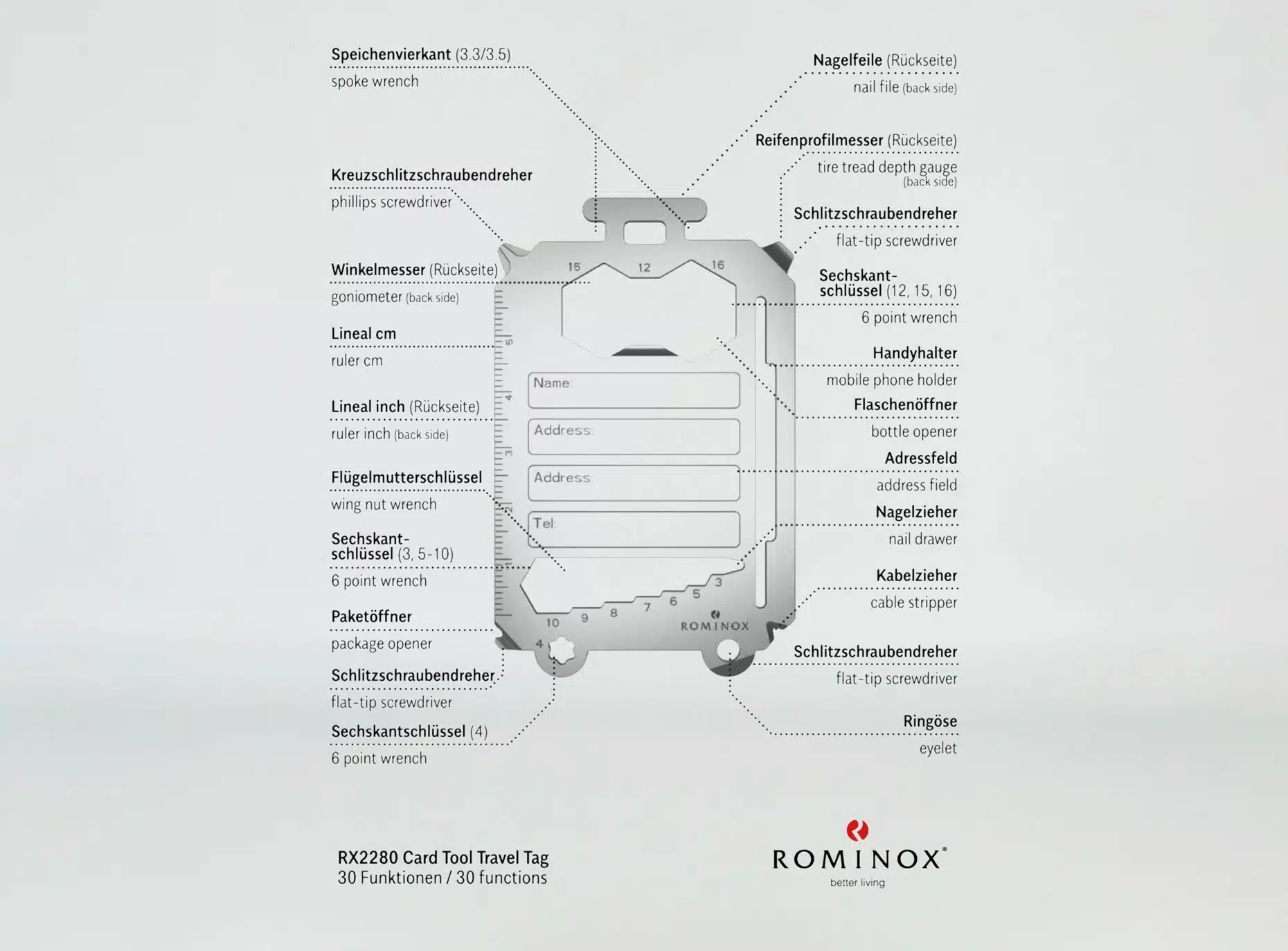 Schlüsselanhänger aus Metall, ROMINOX Travel Tag Multifunktionstool mit Ihrem Logo