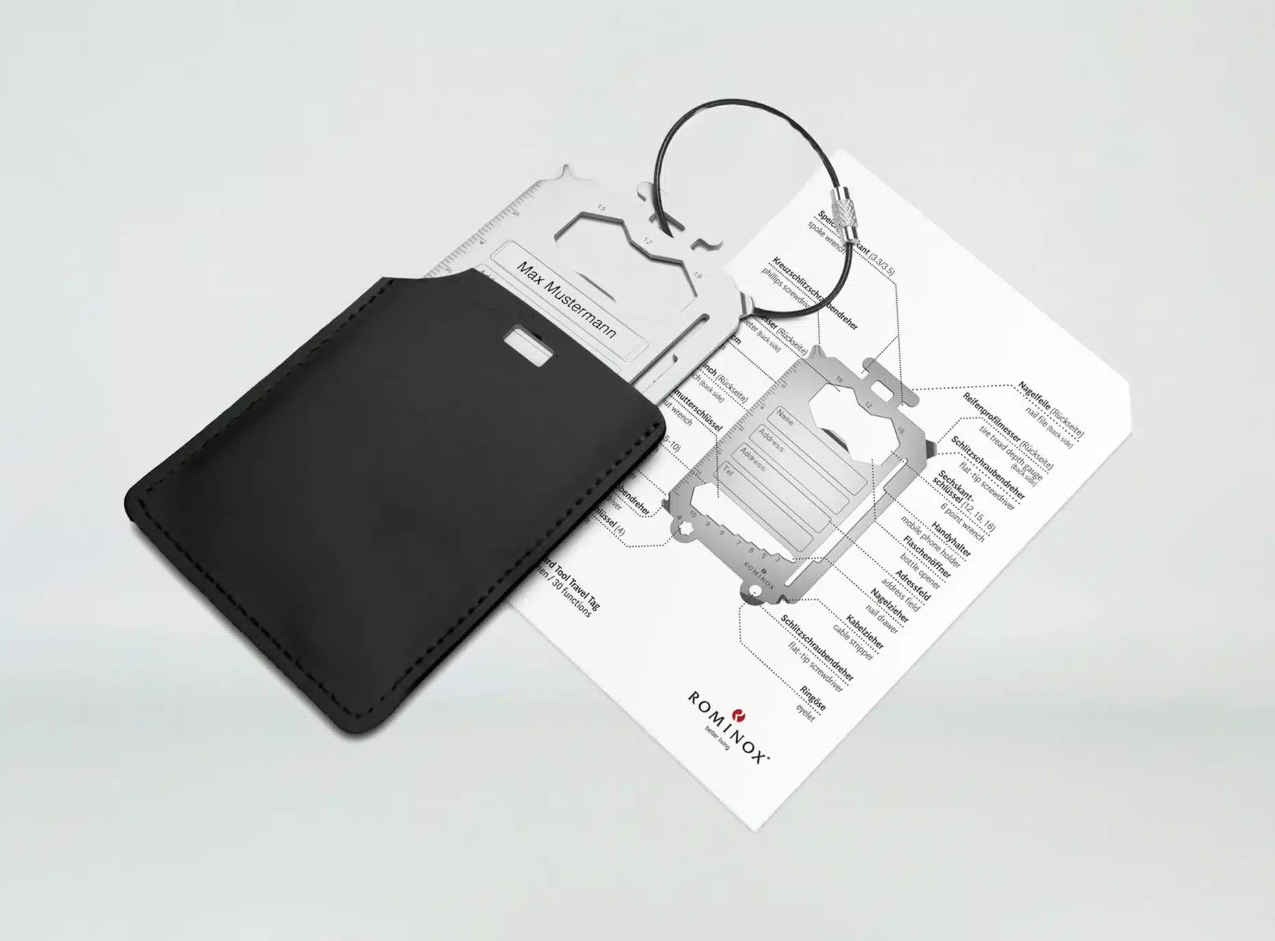 Schlüsselanhänger aus Metall, ROMINOX Travel Tag Multifunktionstool mit Ihrem Logo