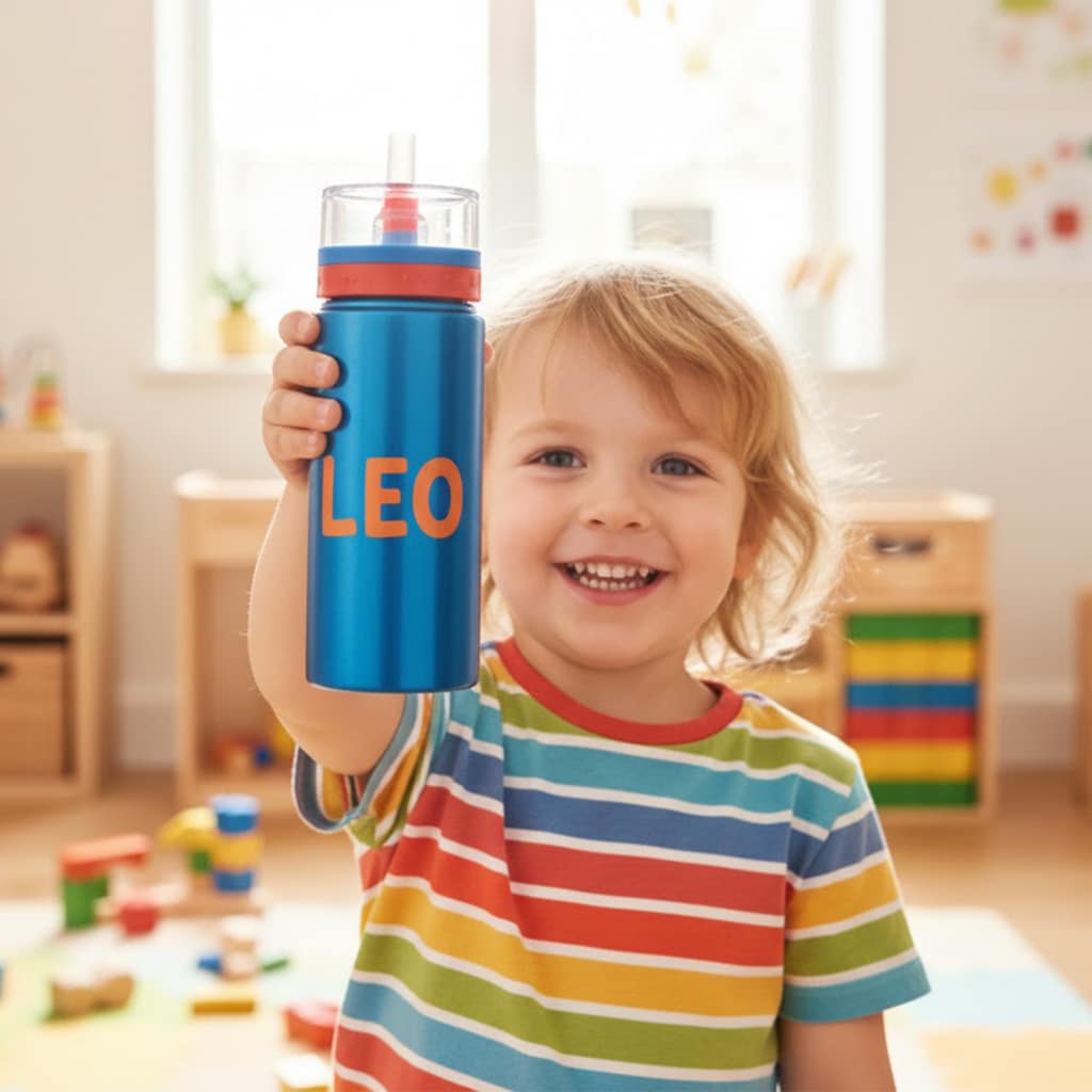 Glückliches Kind mit personalisierter Trinkflasche