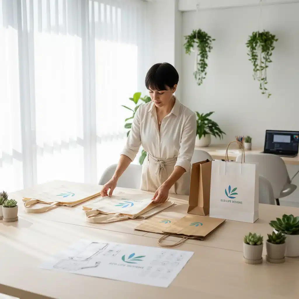 Designer gestaltet Öko-Taschen auf seinem Schreibtisch