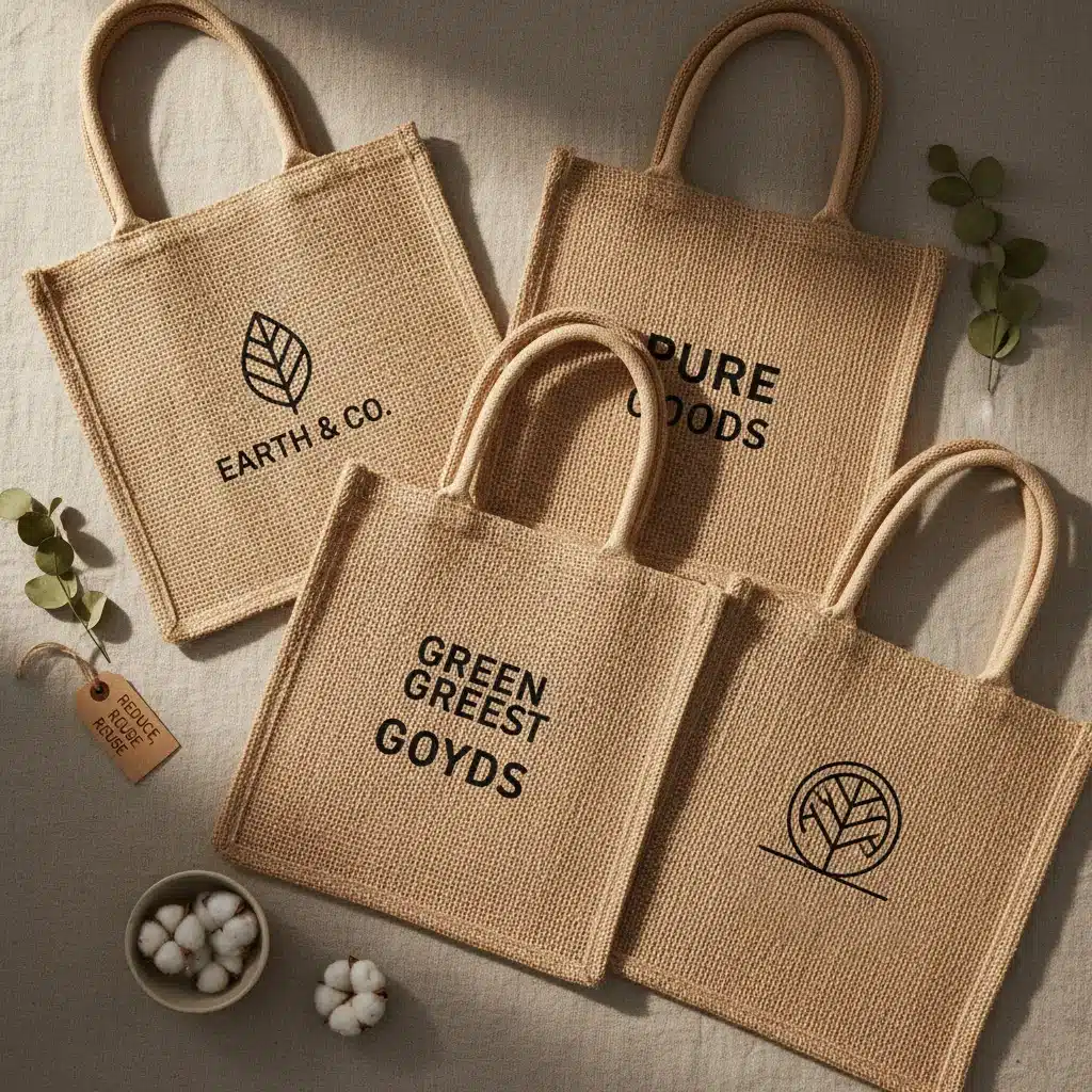 Bedruckte Jutebeutel auf beigem Hintergrund