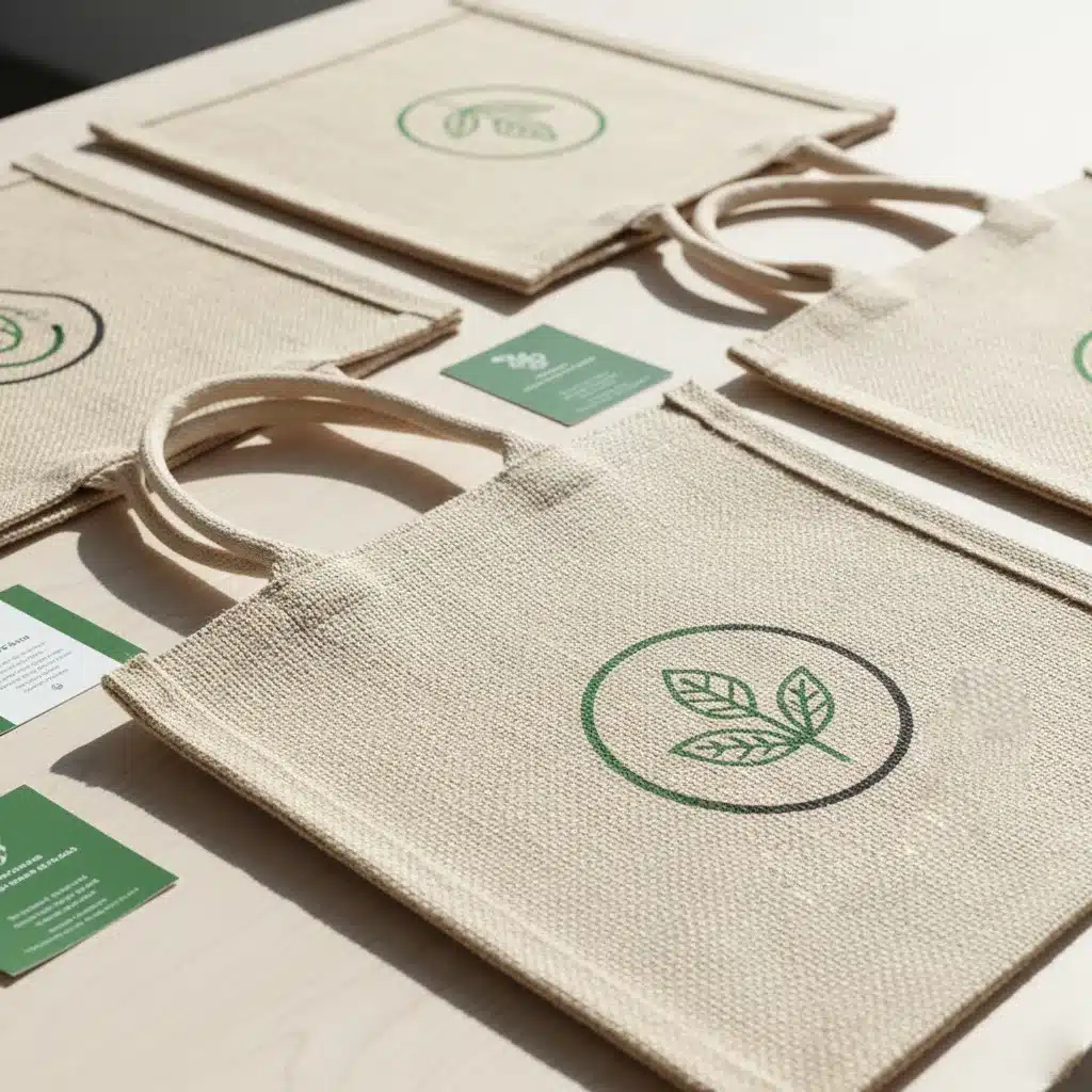 „Nachhaltige Jutebeutel mit Firmenlogo auf Holztisch – umweltfreundliche Werbetaschen für Unternehmen“