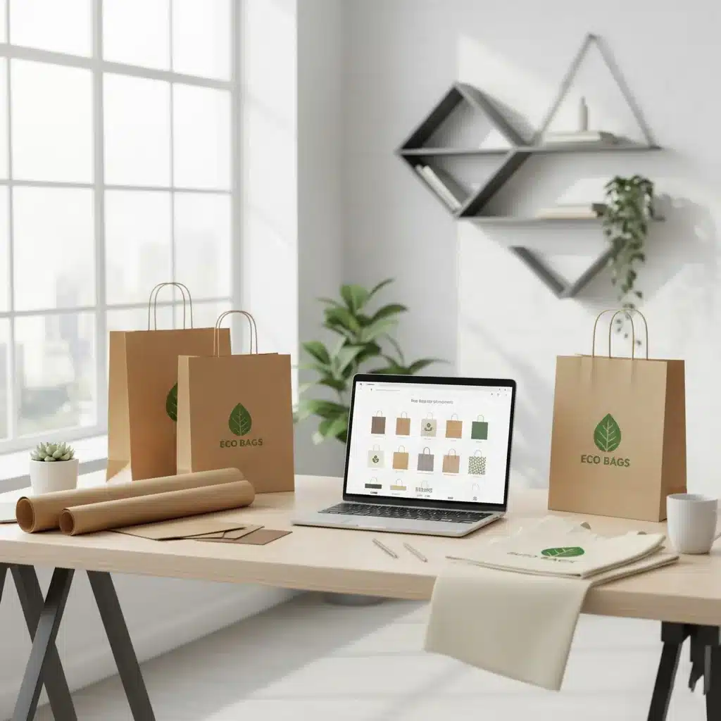 Online-Konfigurator zum Taschen bedrucken auf Laptop mit nachhaltigen Taschen im Hintergrund