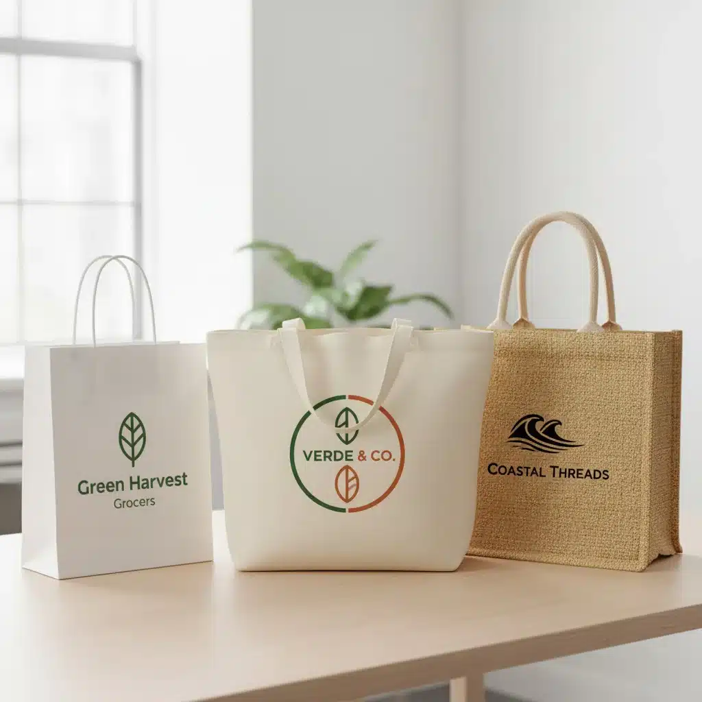 Individuell bedruckte Papier-, Baumwoll- und Jutetaschen auf einem Holztisch / Custom printed paper, cotton, and jute bags on a wooden table