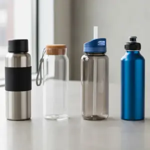 Vergleich von Flaschen aus Edelstahl, Glas, Tritan und Aluminium auf einem Tisch