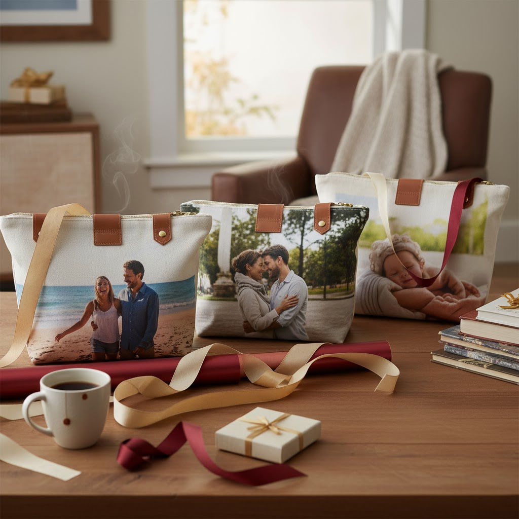 Personalisierte Fototaschen auf einem Tisch