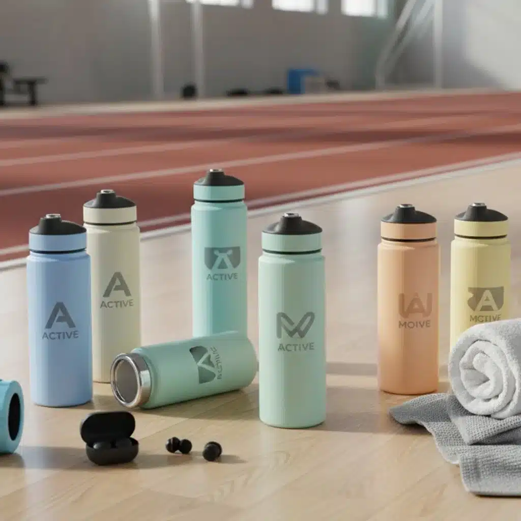 Bedruckte Sport-Trinkflaschen mit Logo auf einem Sportplatz.