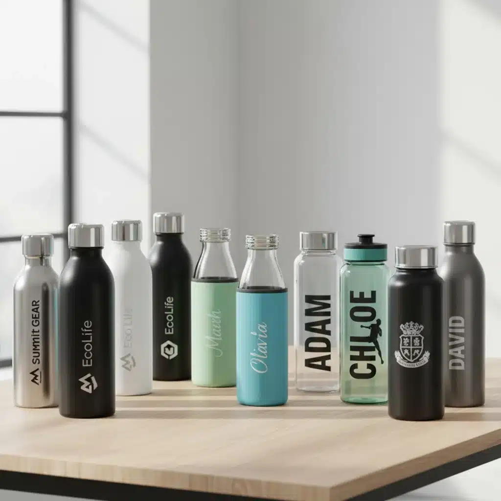 Verschiedene bedruckte Trinkflaschen aus Edelstahl, Glas und Tritan auf einem Tisch.