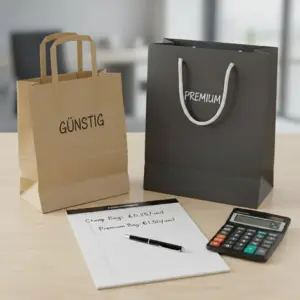 Preisvergleich zwischen günstigen und hochwertigen Papiertaschen mit Berechnung.