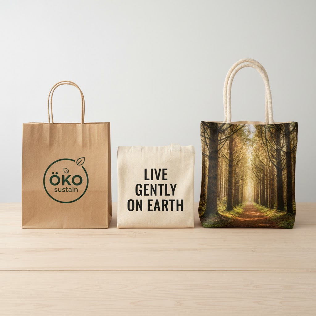 Drei personalisierte Taschen mit Logo, Text und Foto auf einem Holztisch – Symbol für kreative Werbemöglichkeiten