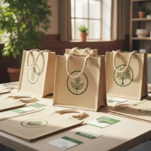 Nachhaltige Marke mit personalisierten Jute Taschen mit minimalistischen Logos in natürlicher Umgebung.