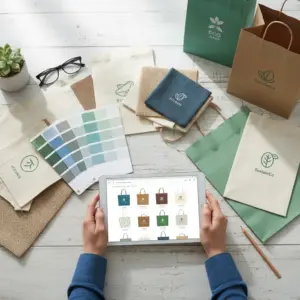 Person vergleicht online Taschendesigns mit Stoffmustern und Farbmustern