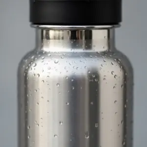 Nahaufnahme einer wiederverwendbaren Wasserflasche aus Edelstahl mit Metalloberfläche.