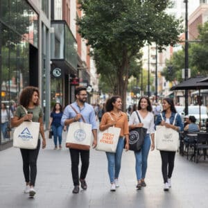 Menschen tragen personalisierte Taschen mit Firmenlogos in der Stadt – zeigt Reichweite von Werbetaschen