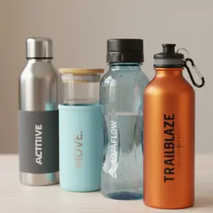 Vergleich von Sport-Trinkflaschen aus Edelstahl, Glas, Tritan und Aluminium.