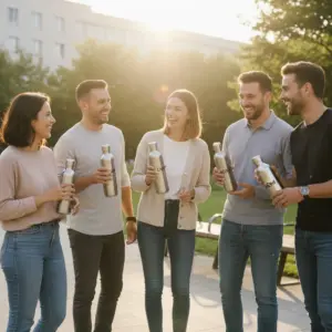 Zufriedene Menschen mit personalisierten Trinkflaschen in der Hand.