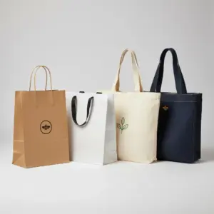 Verschiedene Taschenmaterialien nebeneinander – Papier, Baumwolle und Denim