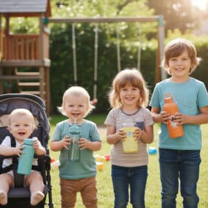 Kinder unterschiedlichen Alters mit ihren Trinkflaschen