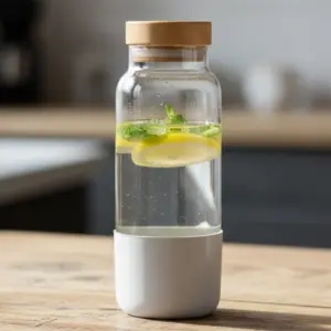 Glasflasche mit Bambusdeckel und Wasser mit Fruchtzusatz auf dem Tisch