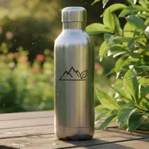 Edelstahl-Trinkflasche im natürlichen Umfeld als Symbol für Nachhaltigkeit.