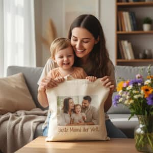 Mutter hält personalisierte Fototasche