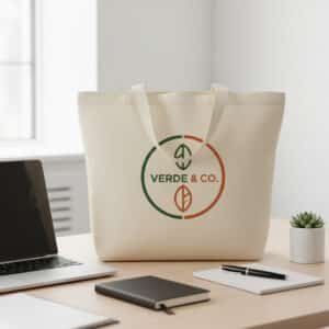 Baumwolltasche mit Firmenlogo im modernen Büro – Beispiel für professionelle Logo-Personalisierung