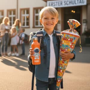 Erstklässler mit personalisierter Trinkflasche am ersten Schultag