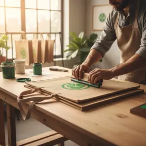 Umweltfreundlicher Siebdruck-Prozess auf personalisierten Jute Taschen in moderner Werkstatt.