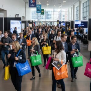 Personen auf Event mit gebrandeten Non-Woven Taschen